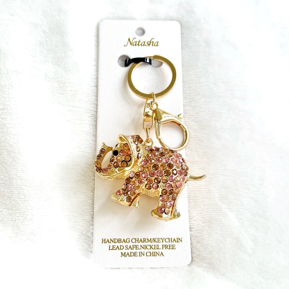 Natasha Couture Pink & Light Brown Rhinestone Elephant Key Chain / Bag Charm